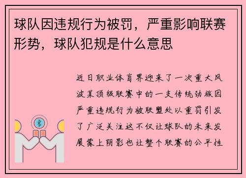 球队因违规行为被罚，严重影响联赛形势，球队犯规是什么意思