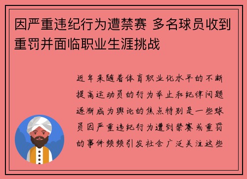 因严重违纪行为遭禁赛 多名球员收到重罚并面临职业生涯挑战