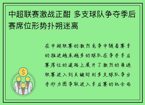 中超联赛激战正酣 多支球队争夺季后赛席位形势扑朔迷离
