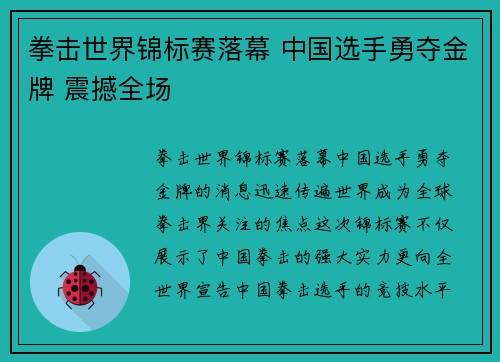 拳击世界锦标赛落幕 中国选手勇夺金牌 震撼全场