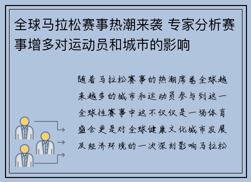 全球马拉松赛事热潮来袭 专家分析赛事增多对运动员和城市的影响