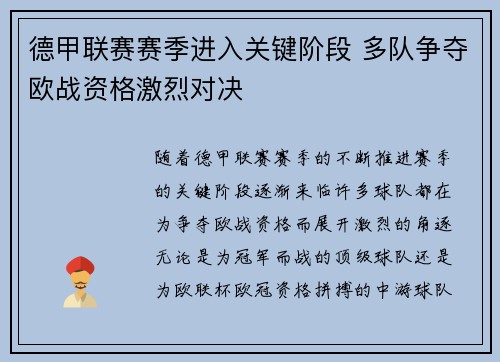 德甲联赛赛季进入关键阶段 多队争夺欧战资格激烈对决