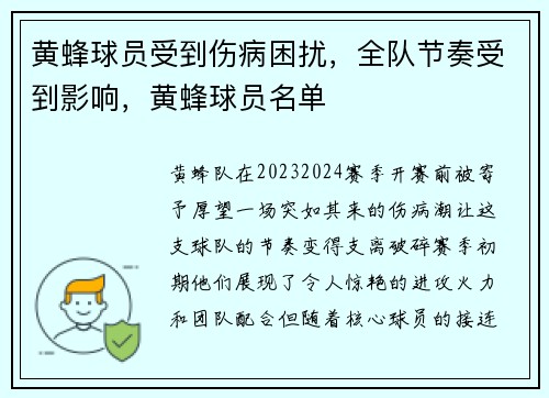 黄蜂球员受到伤病困扰，全队节奏受到影响，黄蜂球员名单